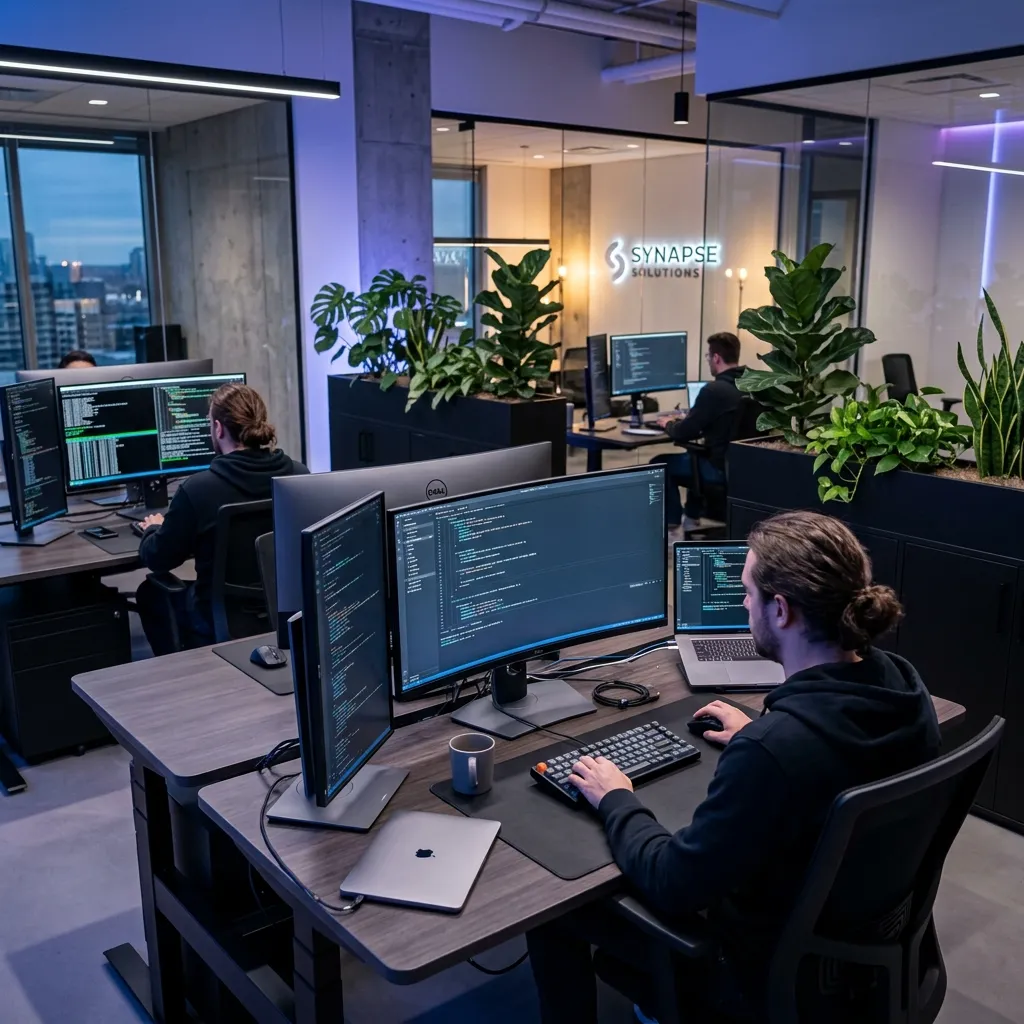 Engineers working at desks in a studio